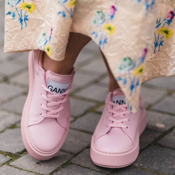 NEW GANNI Vegan Leather Low Top Trainers Platform Sneakers Pale Lilac Pink